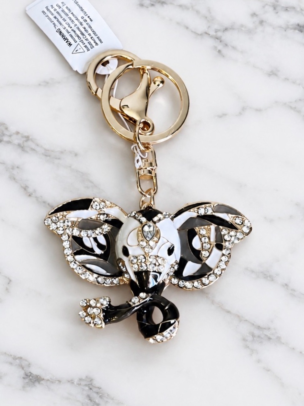 Gold-Tone Black & White enamel Elephant Bag Charm/Keyring-White crystal accents